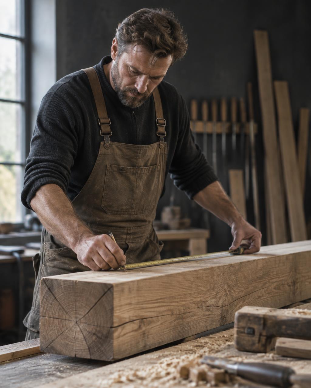 Zimmerer bei der präzisen Arbeit an einem Holzbalken